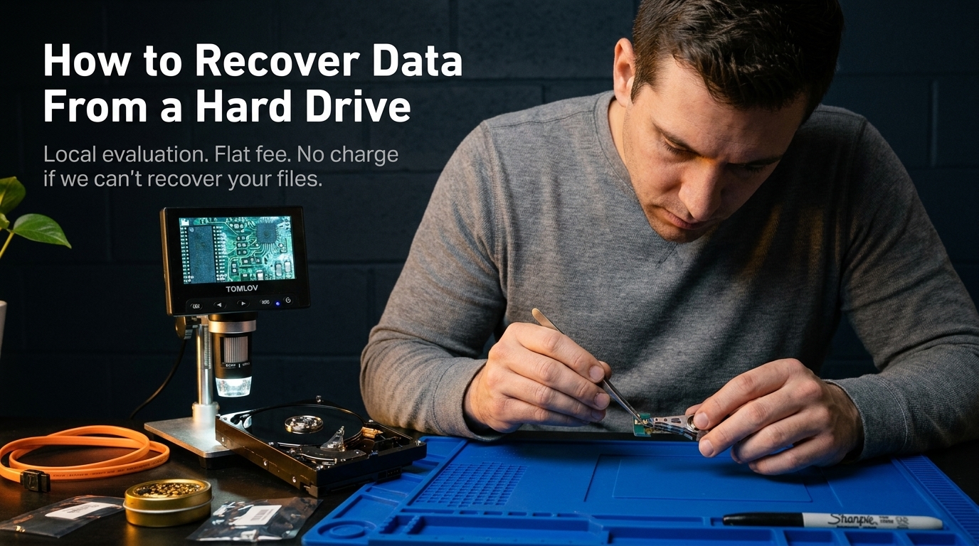 A technician carefully handling a hard drive for data recovery
